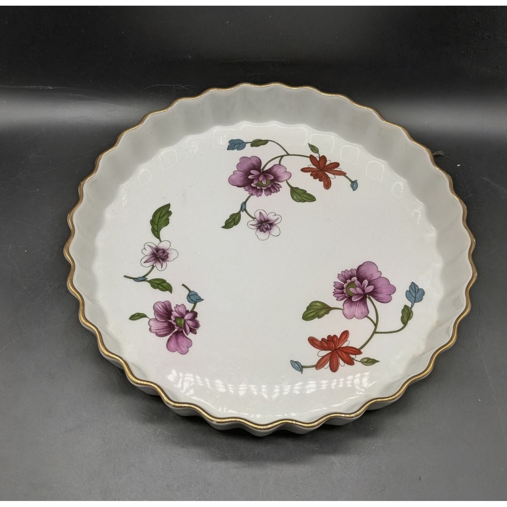 Royal Worcester Astley Flameproof Porcelain Quiche Flan Dish Gold Trim England